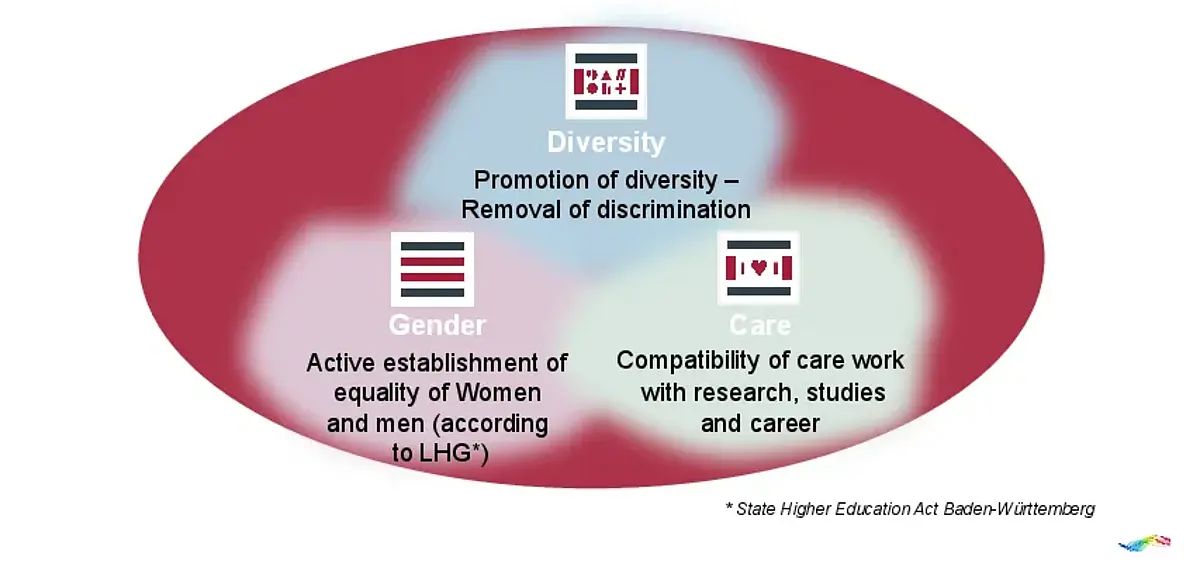 Areas of diversity, gender, and care represented as three bubbles in a circle