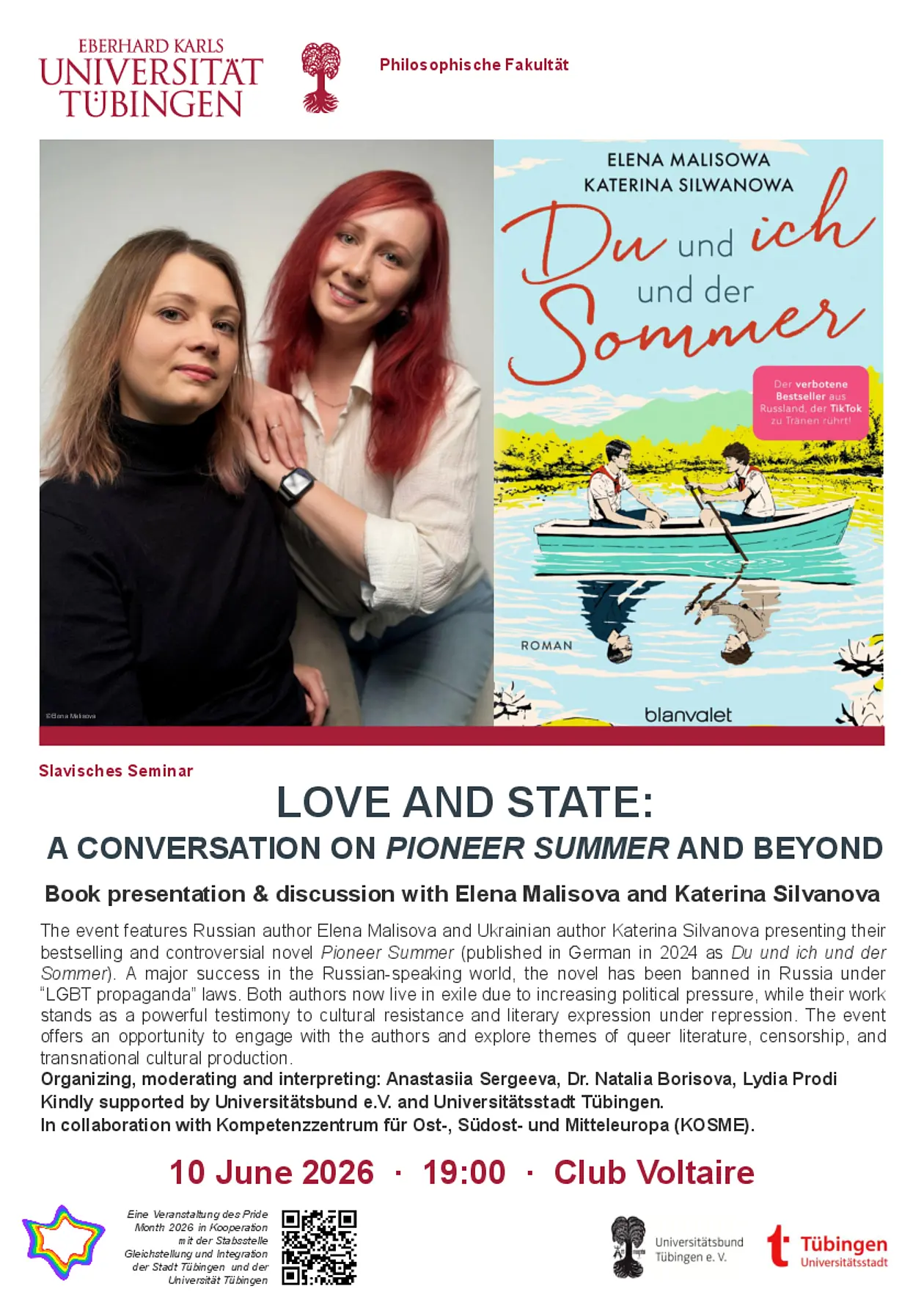 Plakat zur Veranstaltung „Love and State: A Conversation on Pioneer Summer and Beyond“. Buchpräsentation und Gespräch mit Elena Malisova und Katerina Silvanova am 10. Juni 2026 um 19 Uhr im Club Voltaire in Tübingen.