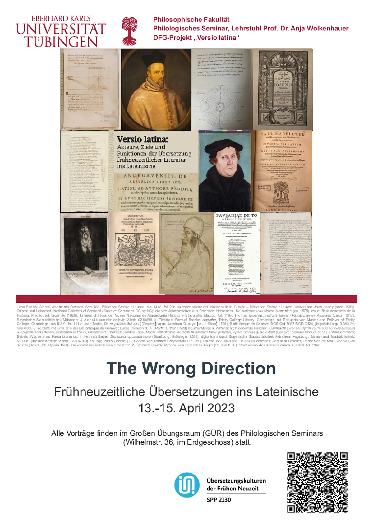 Das Poster zeigt die gemeinsame Collage aller Beitragenden und das Konferenzprogramm der Tagung "The Wrong Direction"